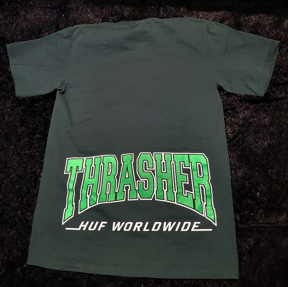 Thrasher • Dark Green T-Shirt with Green and White Logo • men’s Small